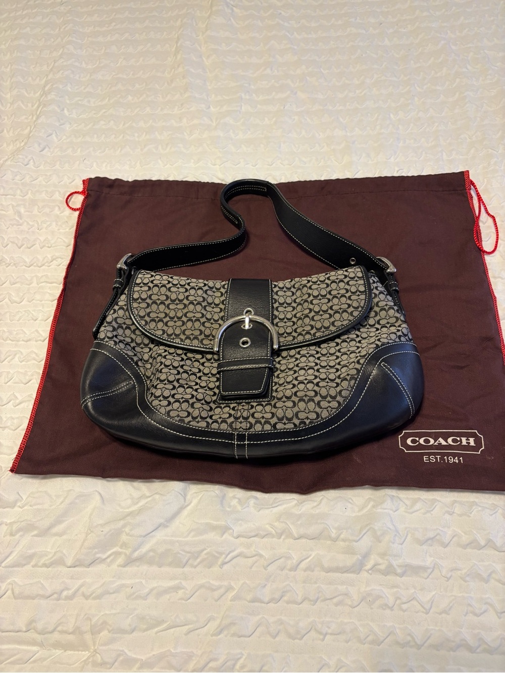 Vintage Coach Black Signature Jacquard Shoulder Bag with Buckle - Picture 10 of 10